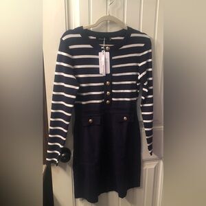 Navy & White Striped Button Front Knit Dress
